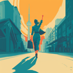 Businesswoman walking through downtown Toronto with the CN Tower in the background, holding a briefcase and raising her arm in a celebratory gesture