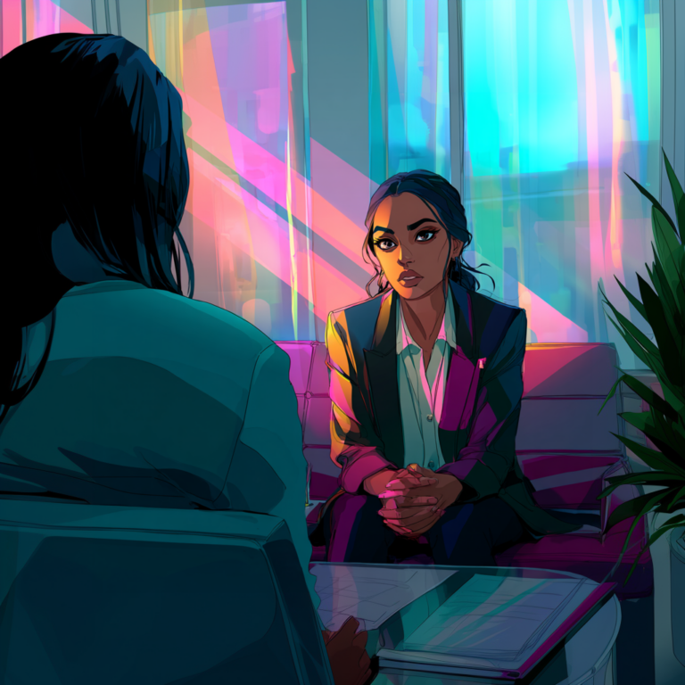 Animated illustration of a woman being interviewed in a corporate office, sitting nervously across from another person with documents on the table.