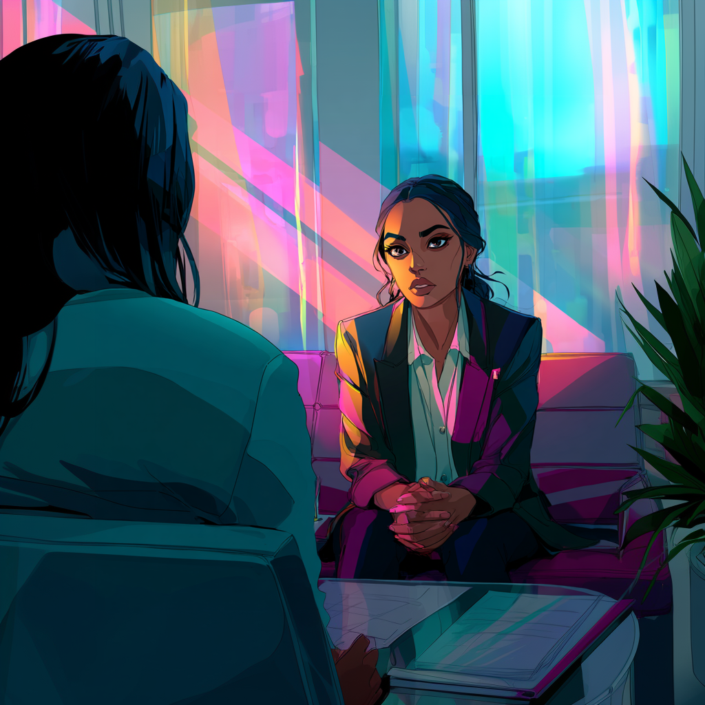 Animated illustration of a woman being interviewed in a corporate office, sitting nervously across from another person with documents on the table.