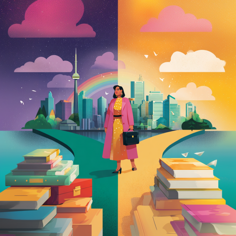 Animated illustration of a professional woman standing at the point where two roads diverge in front of the Toronto skyline, with books stacked on both sides, a rainbow in the background, and contrasting dark and bright skies overhead.