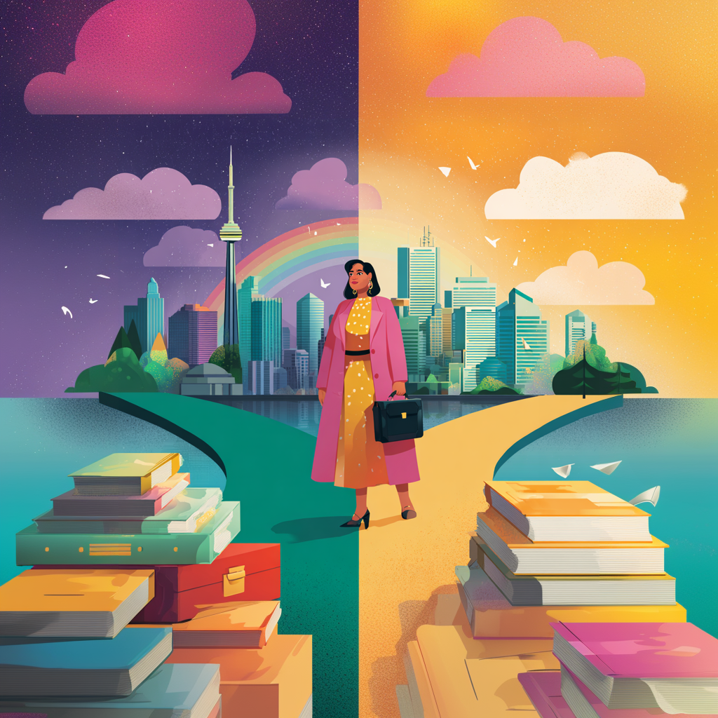 Animated illustration of a professional woman standing at the point where two roads diverge in front of the Toronto skyline, with books stacked on both sides, a rainbow in the background, and contrasting dark and bright skies overhead.