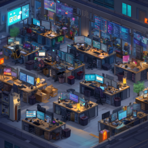 Open concept tech office with glowing monitors, empty desks, and packed boxes after layoffs.