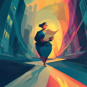 Animated illustration of a confident businesswoman walking through a city while reviewing a document