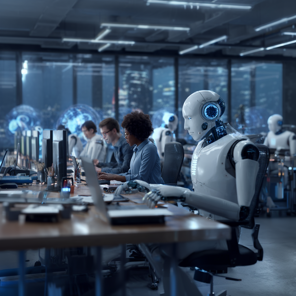 Tech workers and AI robots collaborating in a modern office workspace.