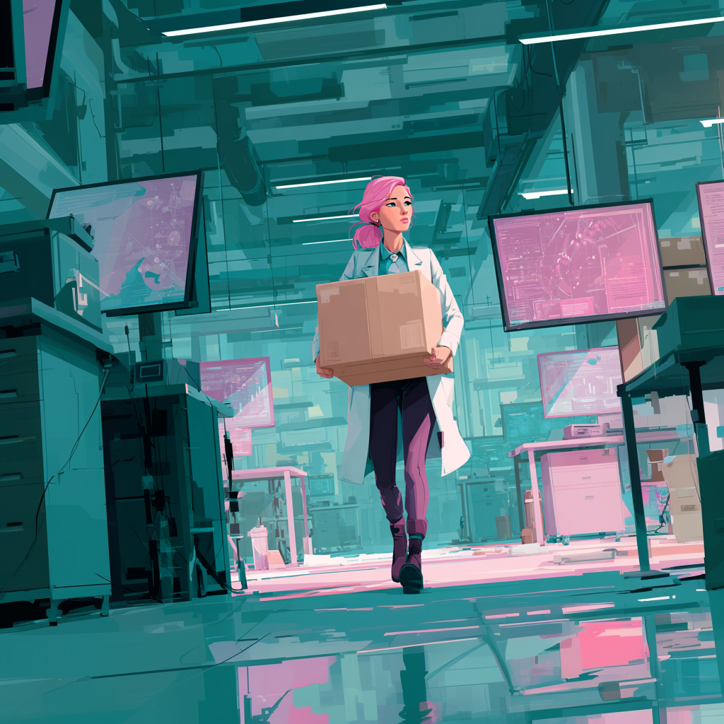 Animated illustration of a tech employee carrying a box after a workplace layoff.