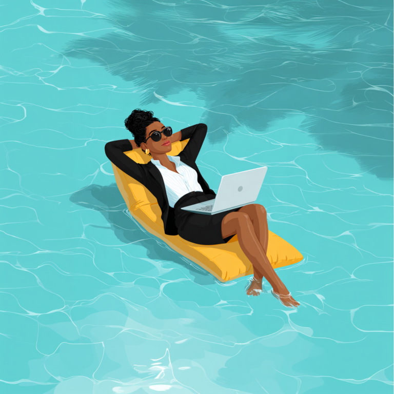 Black woman in business attire relaxing on a yellow pool float while working on a laptop in a turquoise swimming pool.