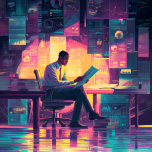 Animated illustration of a professional reviewing employment documents in a futuristic office surrounded by glowing charts, data screens, and legal paperwork.