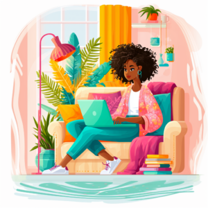 Animated illustration of a Black woman with natural curly hair sitting comfortably on a couch and working on a laptop in a colourful home office.