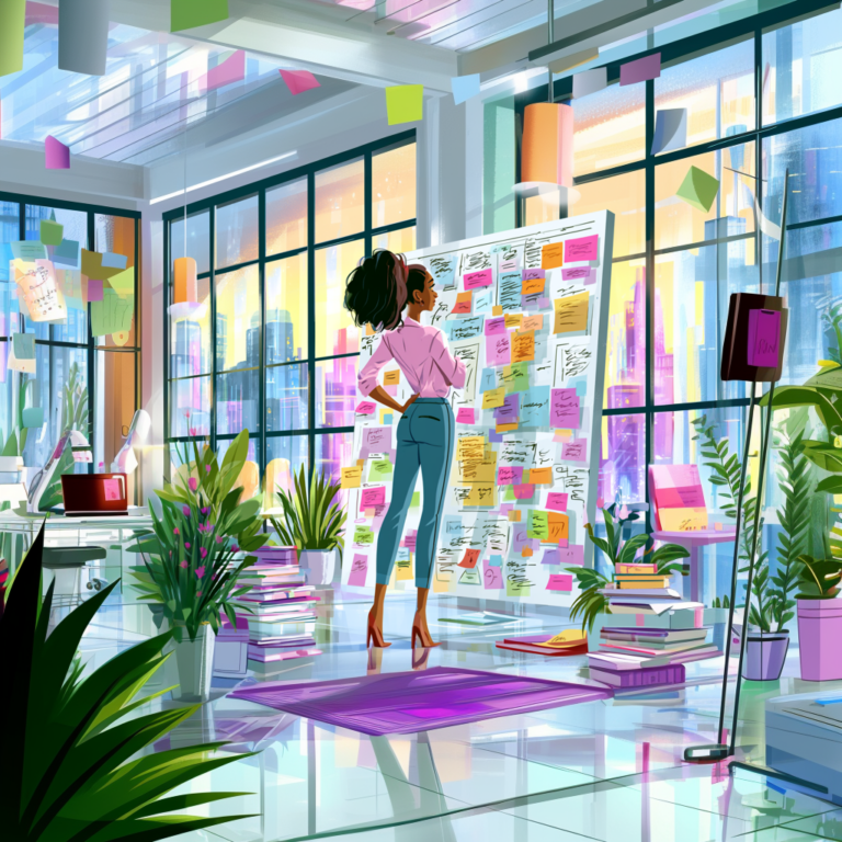 Professional project manager reviewing a whiteboard covered with project timelines, priorities, and colourful sticky notes in a modern office.