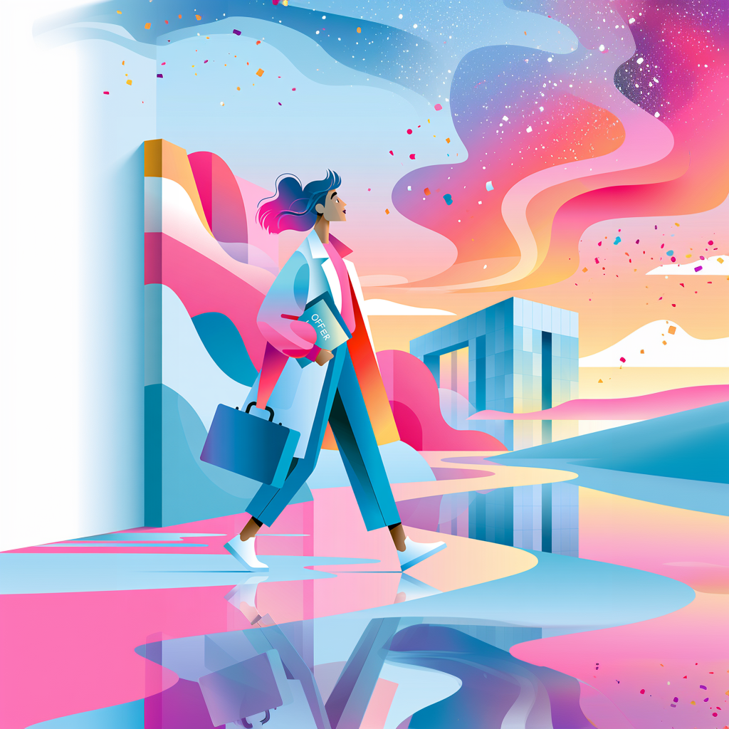 Illustration of a professional carrying a job offer while walking toward a modern office building, representing inducement and career transitions in Ontario employment law.