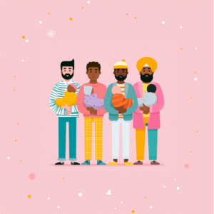 Illustration of four diverse fathers confidently holding their babies, representing parental leave and involved fatherhood in Ontario.