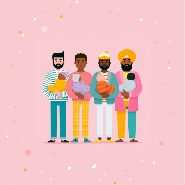 Illustration of four diverse fathers confidently holding their babies, representing parental leave and involved fatherhood in Ontario.