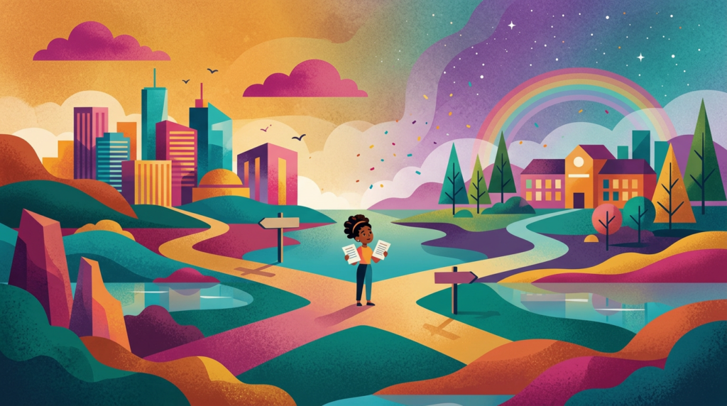 Reviewing a job offer in Ontario at a career crossroads.