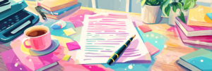 Employment contract on a desk with a pen, sticky notes, coffee, and reference books, representing a legal review of a job offer before signing.