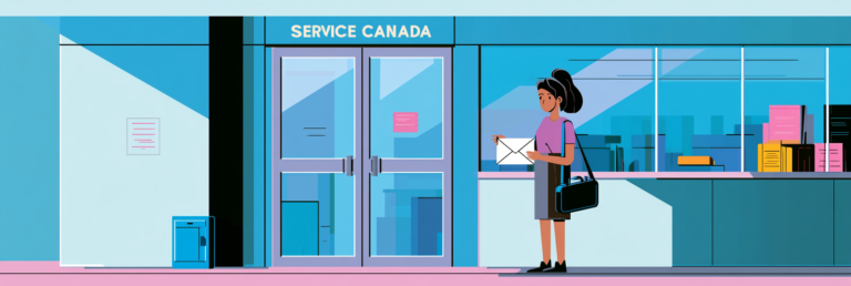 Illustration of a woman outside a Service Canada office holding an envelope